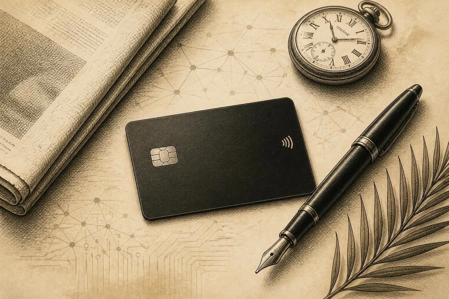 Editorial illustration of a matte black crypto card