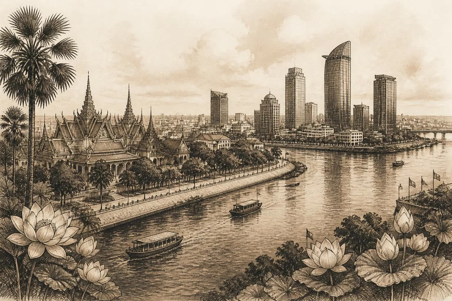 Phnom Penh riverfront skyline with palace spires and modern banking towers
