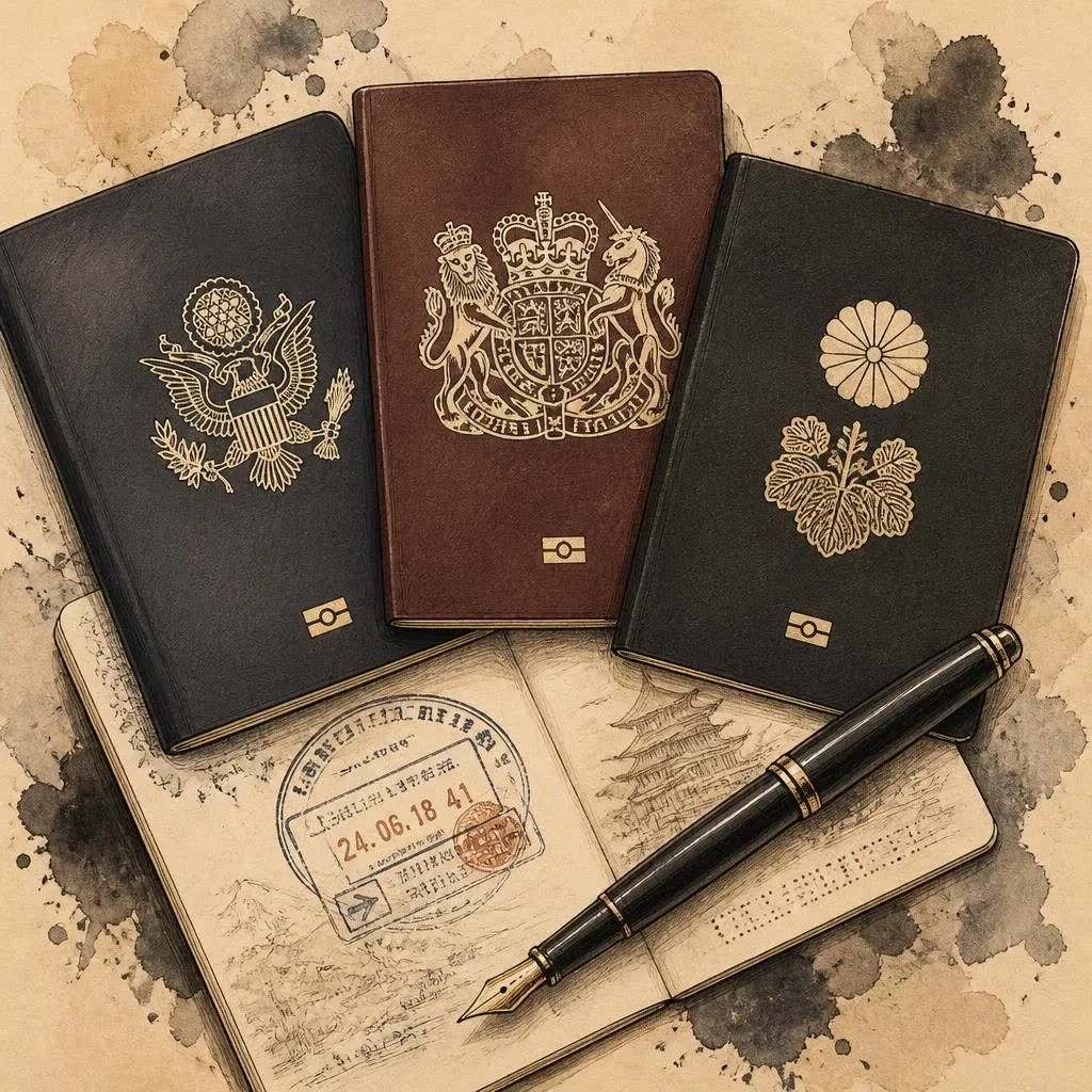 Open passport with visa stamps