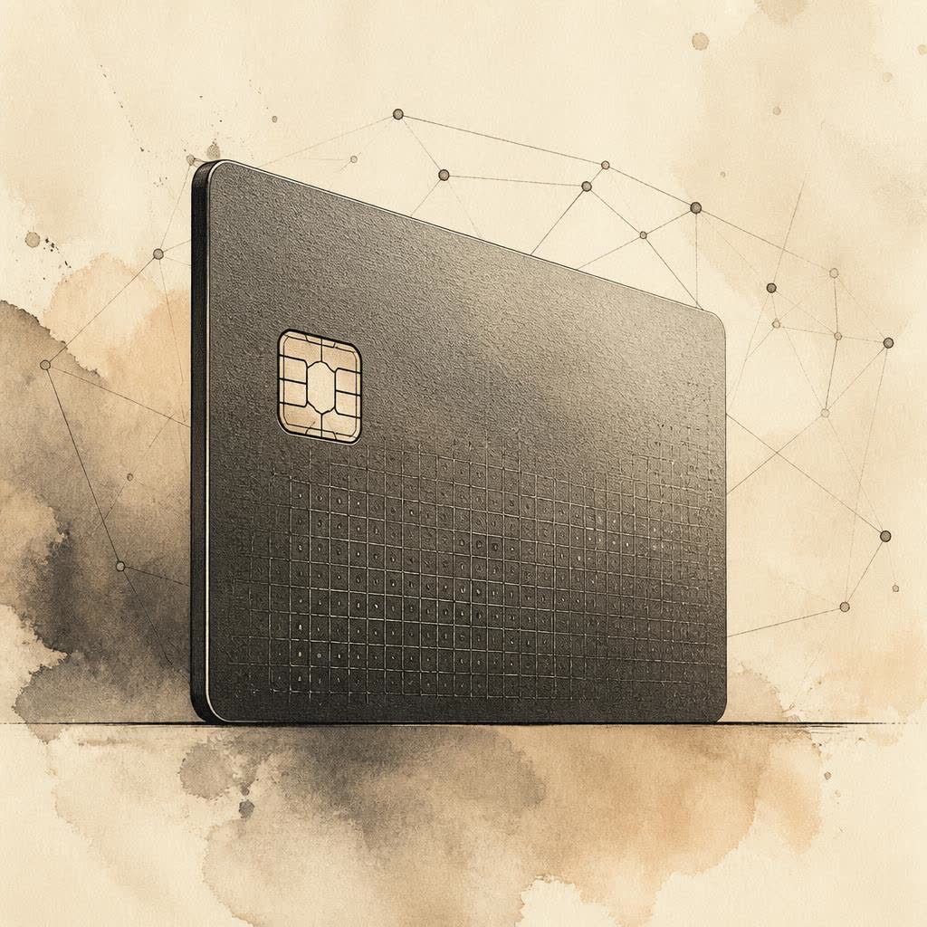 Phone and matte-black card on travertine