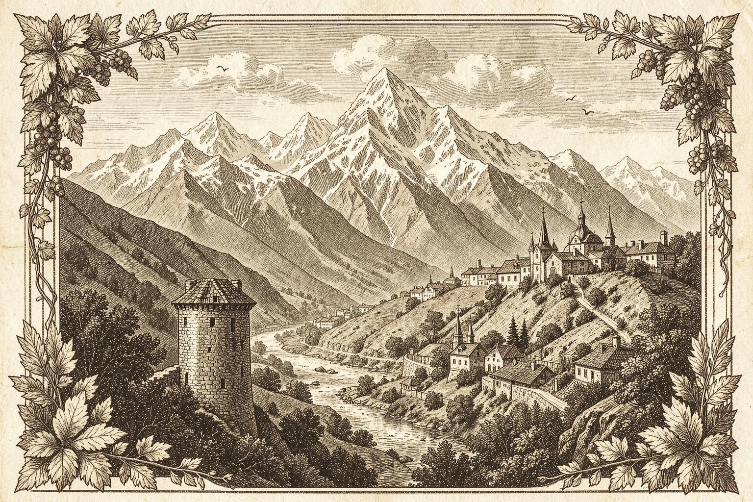 Sepia engraving of the Caucasus mountains with a river valley, stone watchtower and hillside village