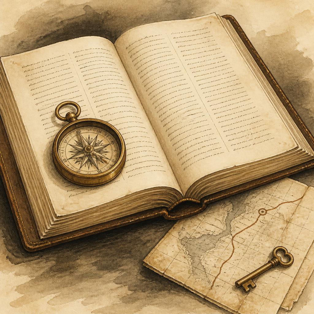 Editorial illustration — compass, globe, and column