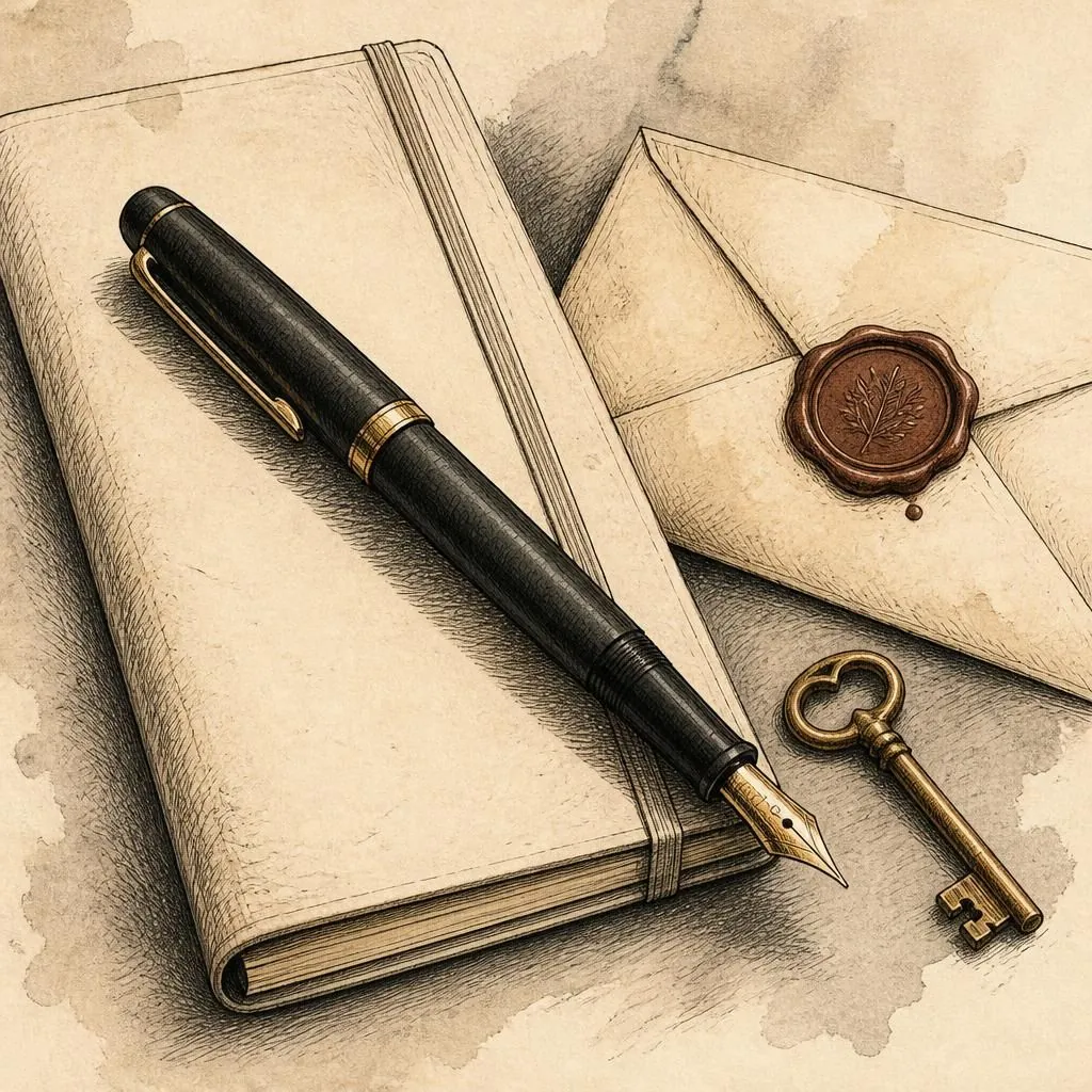 Editorial illustration - key crossed with a fountain pen